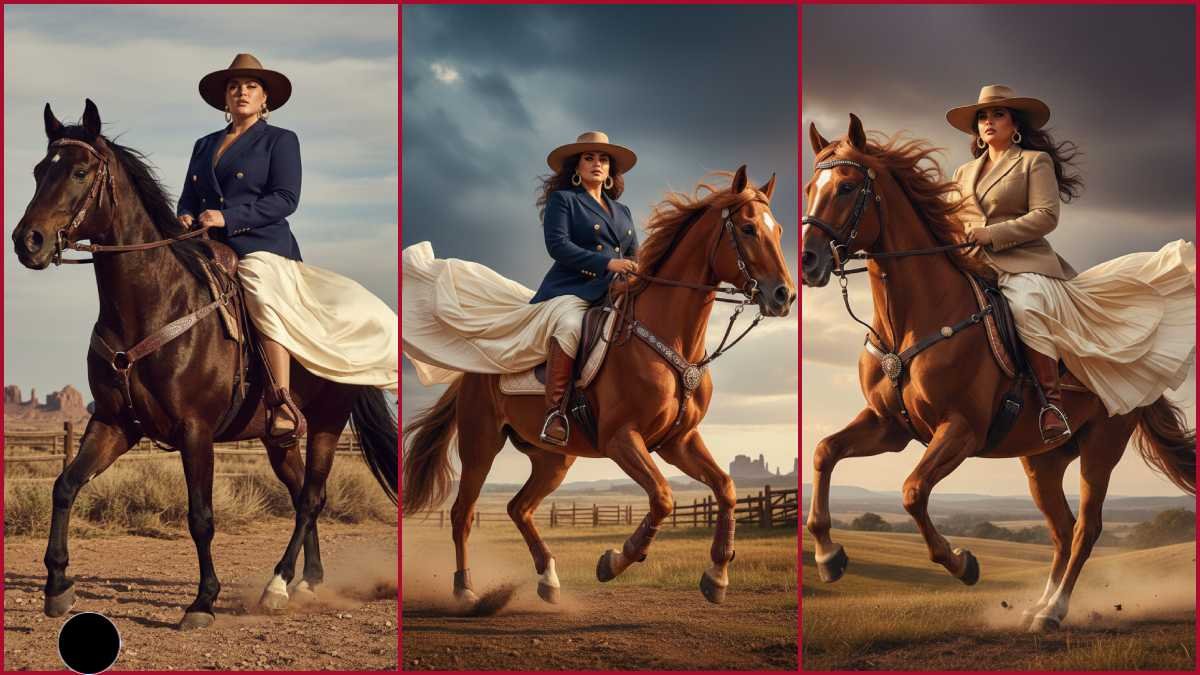 Royal American Editorial Look: Horse Riding Curvy Woman in Blazer & Dhoti
